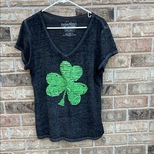 Black V-Neck Top with Green Shamrock